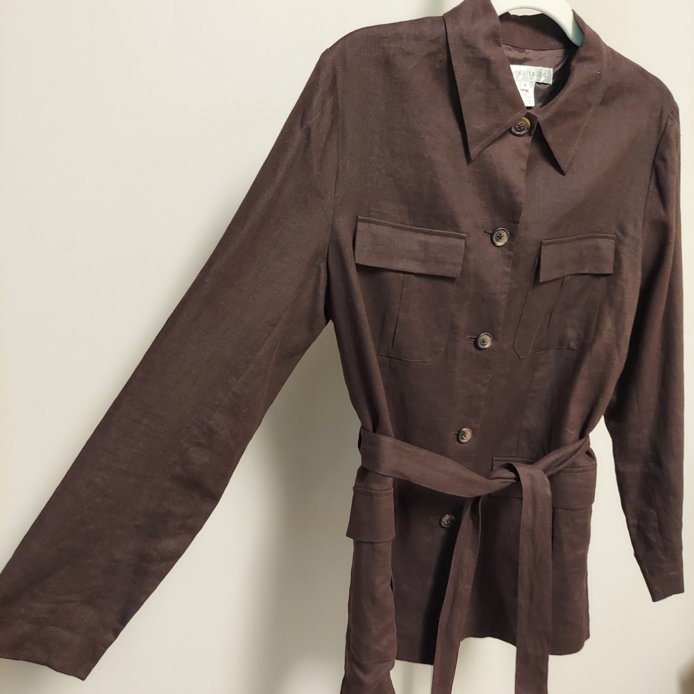 Vintage Womens Brown 100%‎ Linen Safari Shirt Jacket Belted Utility 6 Minimalist